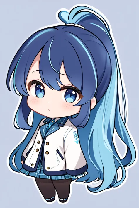  1 girl, solo,  long hair,  high resolution,  ponytail,  high resolution,  simple background, Blue Hair/ light blue hair, chibi-style