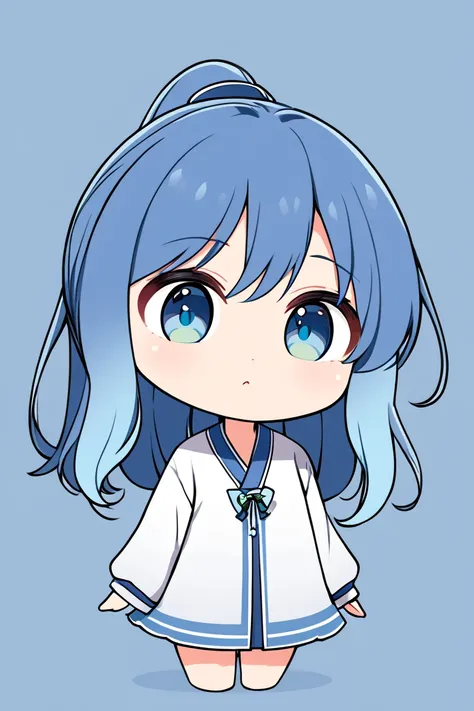  1 girl, solo,  long hair,  high resolution,  ponytail,  high resolution,  simple background, Blue Hair/ light blue hair, chibi-style