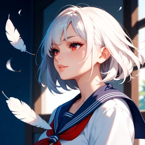 
 white hair、woman、 s、Feather of Light、 red eyes、  sailor suit