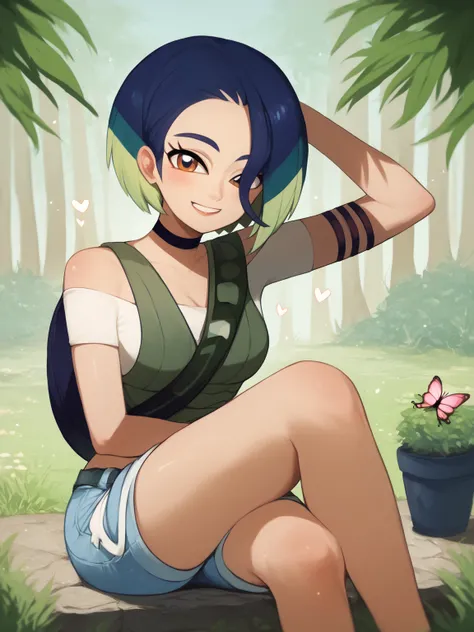 Perrin _ Pokemon , green_hair,  Multi Colored _hair,  brown_eye, short_hair,  choker,  shirt, crop_top,  denim,  1 girl, Alone, Sparkling_skin,  sitting, 屋内in, Was_garden, Potted plants_tree々,  butterfly, stone_pinh,  pastel_  gradation  , smile,  accurate...