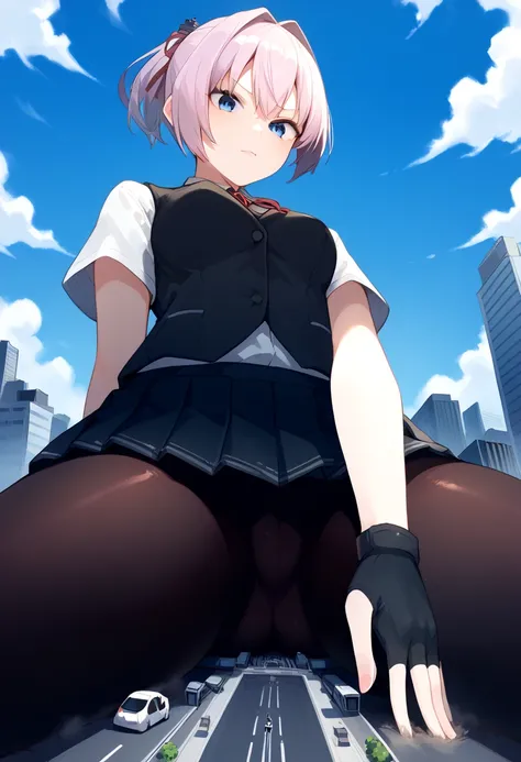 bike shorts, giantess, microcity, A woman bigger than the city, Dust cloud, Crushing the city with her ass, whole body, Woman sitting on the ground, big ass, black gloves, black skirt, black vest, blue eyes, dress shirt, fingerless gloves, gloves, shiranui...