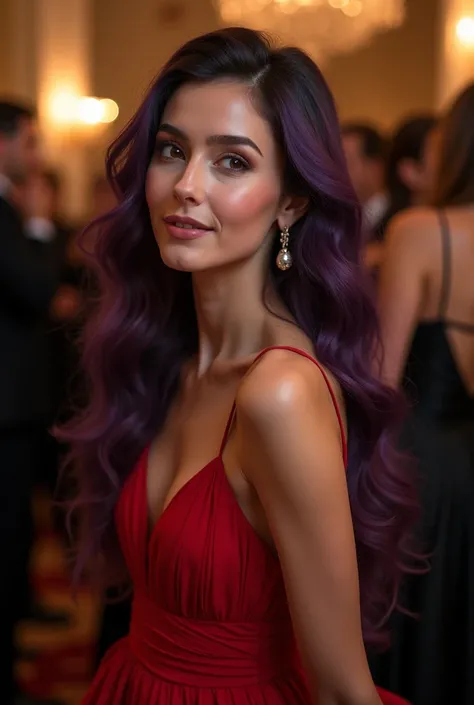 Create a photorealistic 4K image of a woman with long-length, wavy deep purple hair that frames her face naturally. Her complexion is warm with a subtle glow, and she has a softly rounded face. Her eyes are expressive and almond-shaped, and her lips are fu...