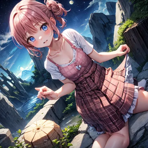 pink brown hair、 blue eyes、 with hair tied、Two cute、 Plaid Mini Skirt、 BLACK T-SHIRT、 light clothing、 One Piece、 camisole、 high socks 、Teeth are visible、The stone is cracked、 the road is crooked、Mountain々、diagonal、 monsters、fog、 Aurora、moon、 shooting star、...