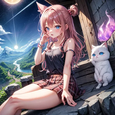 pink brown hair、 blue eyes、 with hair tied、Two cute、 Plaid Mini Skirt、 BLACK T-SHIRT、 light clothing、 One Piece、 camisole、 high socks 、Teeth are visible、The stone is cracked、 the road is crooked、Mountain々、diagonal、 monsters、fog、 Aurora、moon、 shooting star、...