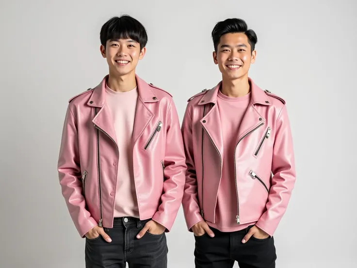  Professional photo featuring 2 handsome Asian guys with neat short haired faces, who was wearing a pink T-shirt and layered in a pink leather jacket , and black jeans  , standing upright in a front-facing position  ,  with a sweet smile  . HD , 