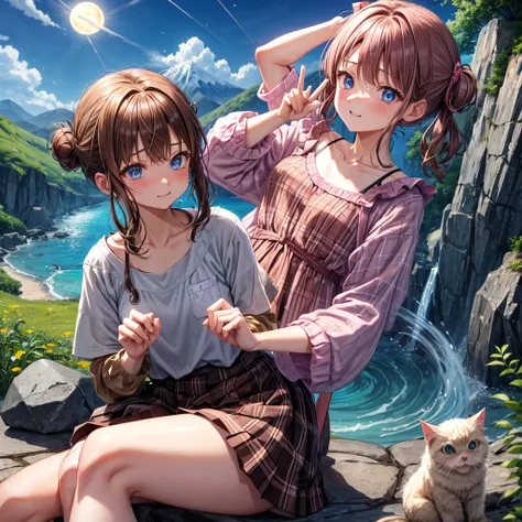 pink brown brown hair、 blue eyes、 with hair tied、Two cute、 Plaid Mini Skirt、 BLACK T-SHIRT、 light clothing、 One Piece、 camisole、 high socks 、Teeth are visible、The stone is cracked、 the road is crooked、Mountain々、diagonal、 monsters、fog、 Aurora、moon、 shooting...