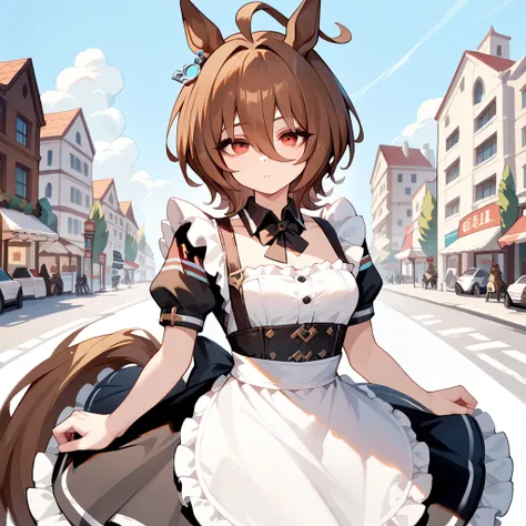  1 girl , skirt。 vaginal vibrator in the city。 maid outfit 。atdef, red eyes, brown hair, ahoge, hair between eyes, short hair, horse ears, single earring, 