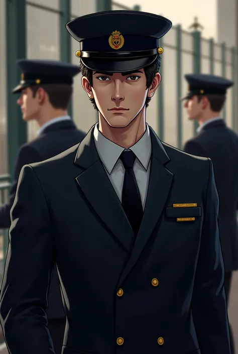 A handsome man whose black black hair is a handsome, handsome, wearing an official suit and a hat behind his guard 