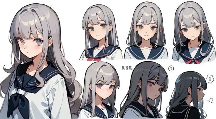 ((masterpiece,  top quality)),  detailed face,  character sheet , whole body,  Full of Details ,  Various Poses and Expressions,  very detailed, Depth, Many parts,  one girl, , Seifuku,  sailor suit,  Long Sleeve,  Grey Hair ,  wavy hair standing in front ...