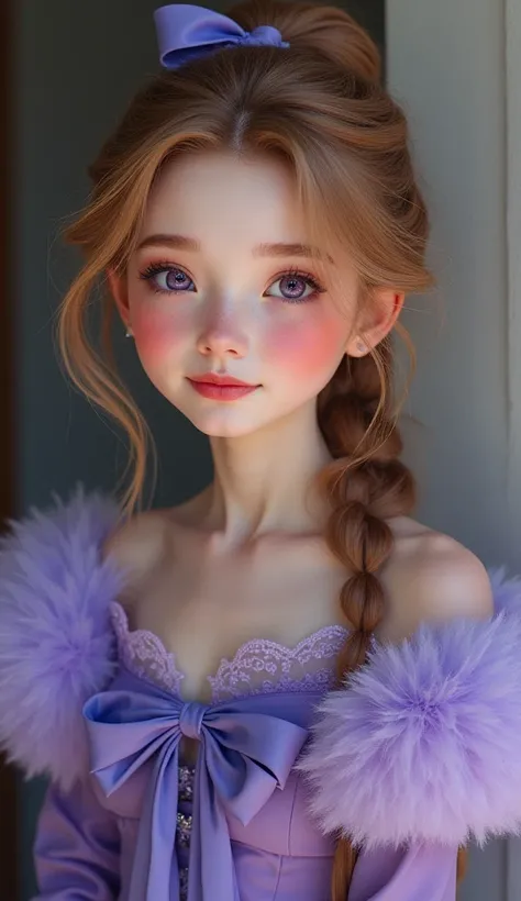 A woman with a sweet smile, sweet eyes, a light brown ponytail, a small braid around her head, tied in a blue fantasy bow, wearing a knee-length evening dress, fluffy purple doll arms, red cheeks, ruby lips, delicate white skin. Dark purple eyes 