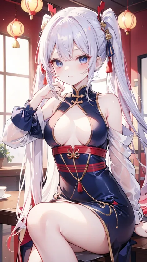 Silver Hair、Twin ponytails、red gradient hair 、Navy Blue Hair Accessories 、 gold hair accessories、 weird red and navy blue eyes、 Smile、长大了、 White Chinese Style Dress 、Red decoration、 Navy Blue Decorations 、 gold decoration 、Silver decoration、Shoulder Bare、C...