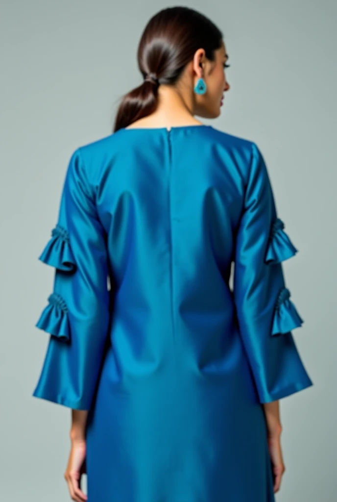 Stylish design with 3 straight frills sleeves blue Kurta from behind pics