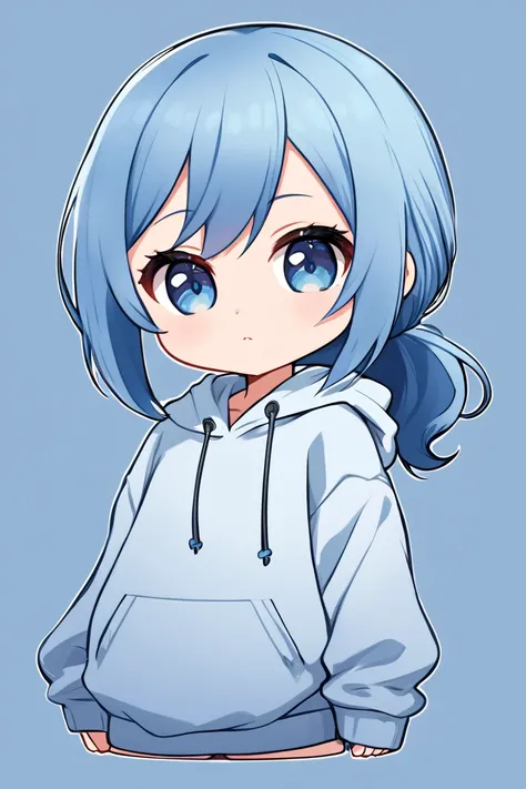  1 girl, solo,  long hair,  high resolution,  ponytail,  high resolution,  simple background, Blue Hair/ light blue hair, chibi-style , hoodie