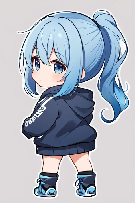  1 girl, solo,  long hair,  high resolution,  ponytail,  high resolution,  simple background, Blue Hair/ light blue hair, chibi-style , hoodie