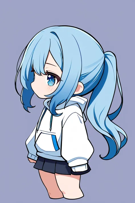  1 girl, solo,  long hair,  high resolution,  ponytail,  high resolution,  simple background, Blue Hair/ light blue hair, chibi-style , hoodie