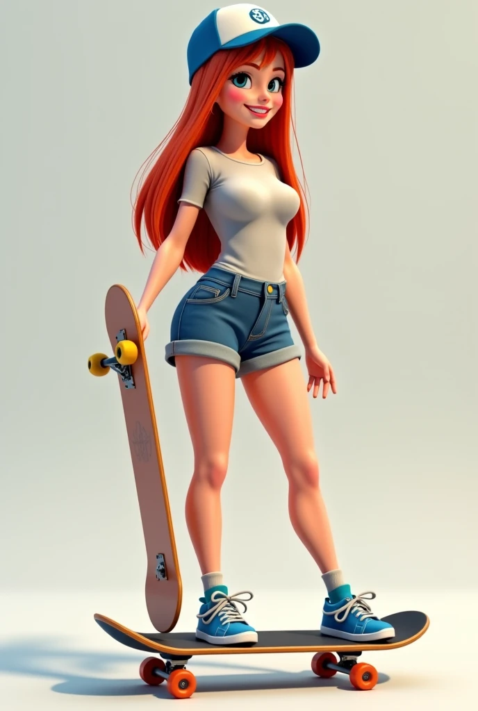 Create a realistic female skateboarder . she is redhead. She's wearing a cap,  have long straight hair , Wear a top and short shorts. He wears medium blue socks and a blue sneaker.  has big breasts and big ass . He is smiling. She's holding the skateboard.