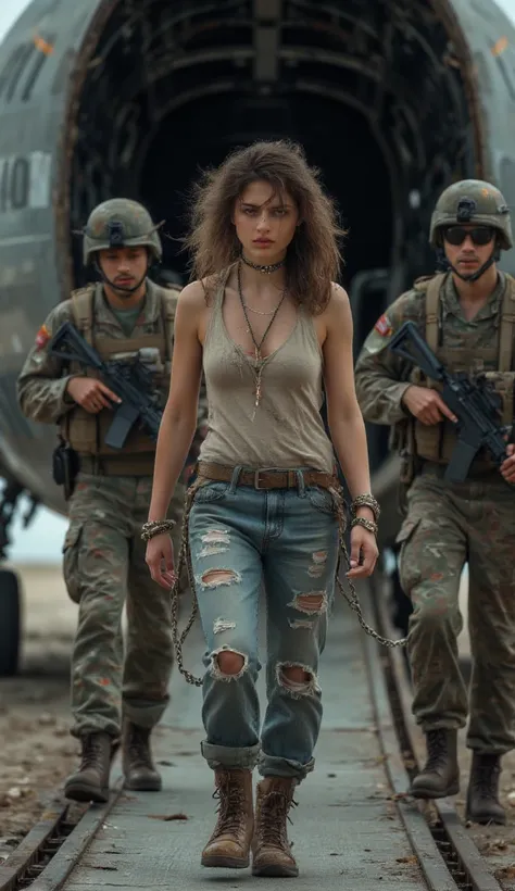 (((photorealism: 1.2))), A beautiful Colombian woman, dressed in tattered clothes and disheveled hair, unwilling and sad, is being forcibly detained by American armed soldiers, her wrists and ankles chained like a prisoner, as she walks up a ramp at the ba...