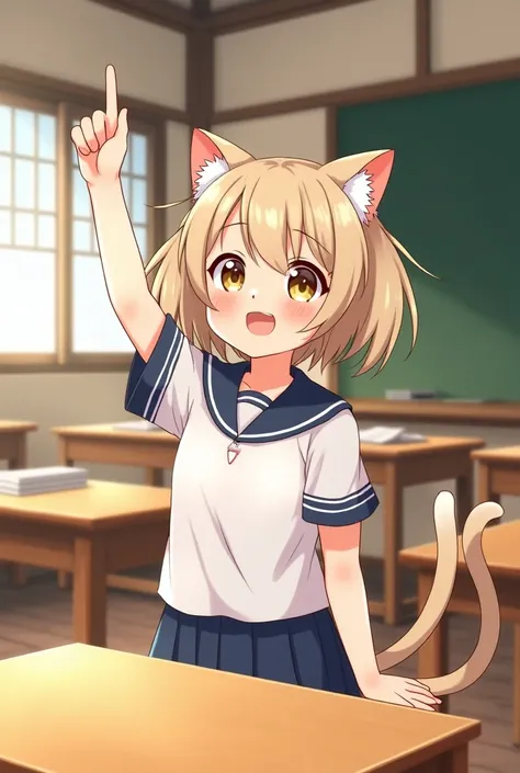 A scene of a girl with cat ears and twin tails cheerfully raising her hand in a classroom.