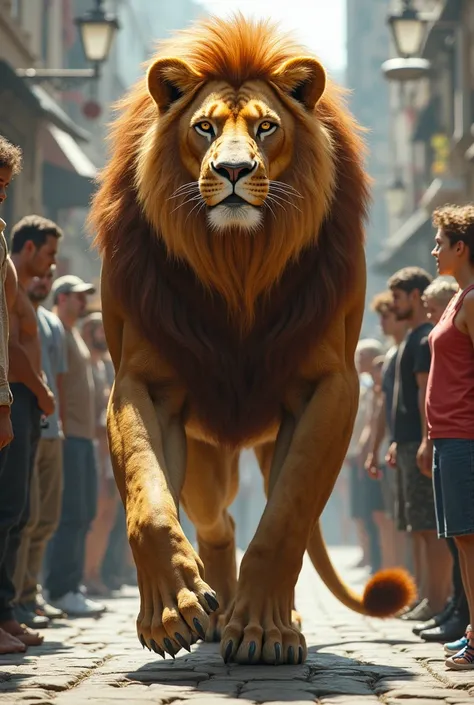 See an image of a muscular lion shaped like a human body walking around his own with people around him

