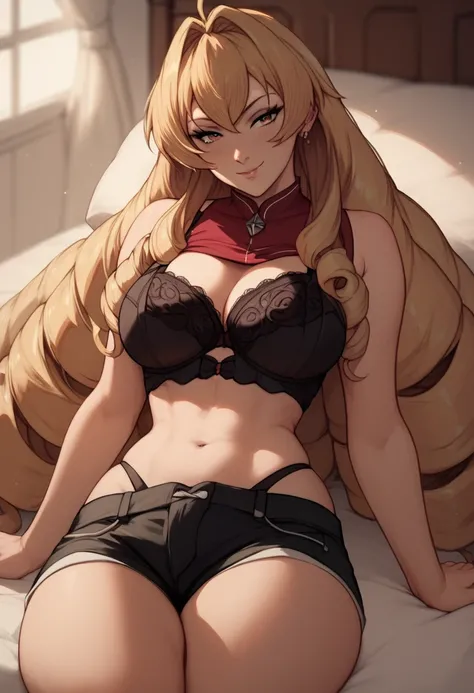 Elinalise Dragonroad -big curly blonde hair red eyes big boobs healed abdomen thick thighs big panties black thighs sexy black bra inside the bedroom thick thighs elfa anime sexy black shorts