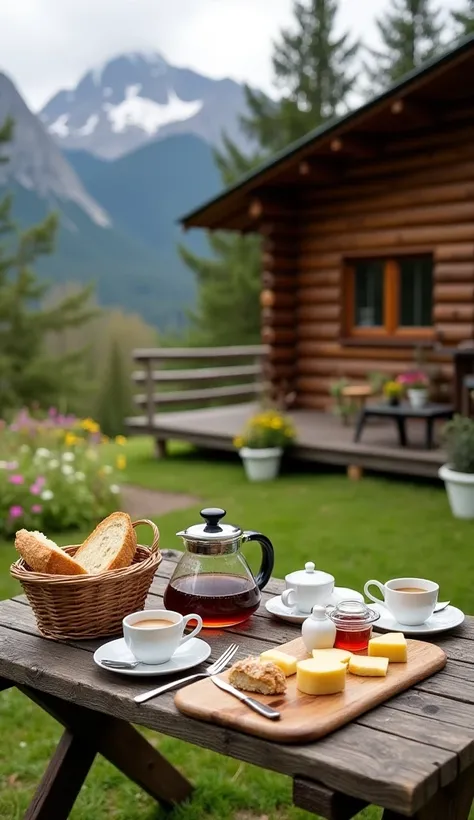 a cozy cabin in a Spring mountainous region with a breathtaking view, colorful wildlife flowers. There's a wooden table outside the cabin with a breakfast spread, including a basket of fresh bread, a cheese board, a pot of jam, and cup of coffee, a carafe ...