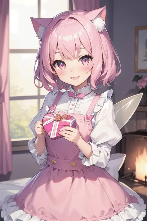 Top quality, high resolution, detailed, beautiful picture quality, one girl, cute pale pink dress with frills, short hair, cat ears, lolicon feeling, smiling face, cute design based on pink, overall sweet and dreamy atmosphere, hearts and gift boxes are dr...