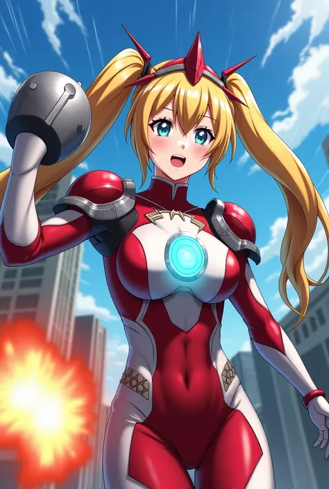 A scene of a beautiful female warrior in a combat suit, shocked in the middle of battle. She has long blonde twin tails and wears a red and white, revealing bodysuit with a glowing blue energy core-like decoration on her chest. Her shoulders and helmet hav...