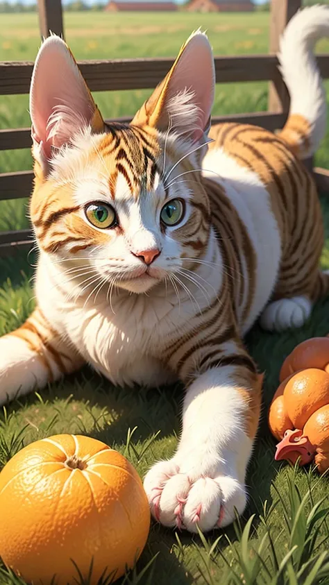 A cute, fluffy cat with big, expressive eyes and soft orange and white fur is playfully holding a surprised but unharmed chicken. The setting is a sunny barnyard with green grass and a wooden fence, creating a lighthearted and charming scene full of innoce...