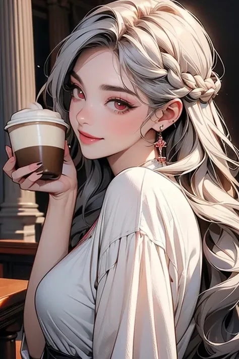 (   top quality  , Masterpiece:1.2),    high resolution, 最高Masterpiece、   very detailed,    is present:1.37, Fantasy   ,  illustration,   gray hair 、    Red eyes in the shadow of a pillar    、   queen,    Casual Style  、   beautiful、   eyeshadow red   、   ...