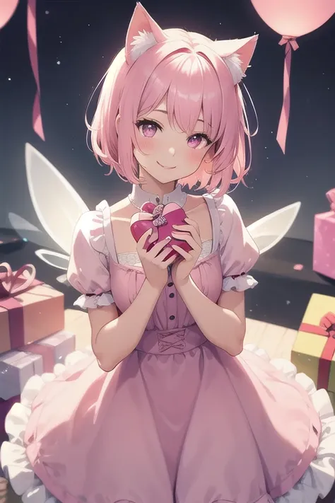 Top quality, high resolution, detailed, beautiful picture quality, one girl, cute pale pink dress with frills, short hair, cat ears, lolicon feeling, smiling face, cute design based on pink, overall sweet and dreamy atmosphere, hearts and gift boxes are dr...