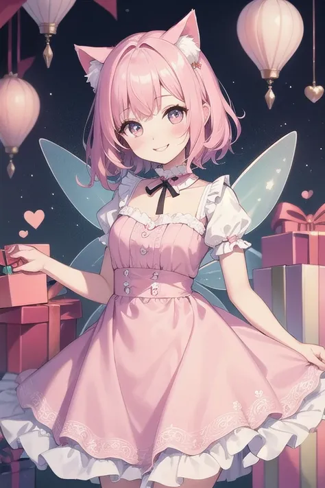 Top quality, high resolution, detailed, beautiful picture quality, one girl, cute pale pink dress with frills, short hair, cat ears, lolicon feeling, smiling face, cute design based on pink, overall sweet and dreamy atmosphere, hearts and gift boxes are dr...