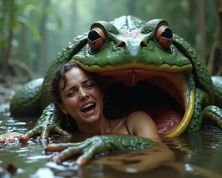  Female Jedi is being eaten by a giant frog。
 she is screaming in so much pain。
A frog is slurping her 。
Live action style
crying and asking for help 