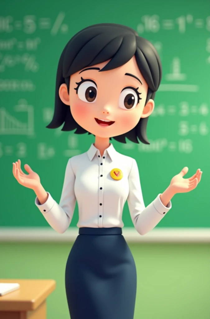 An animated cartoon style image of a white, short-haired female teacher in a Thai civil servant uniform. Standing teaching mathematics on a green background.