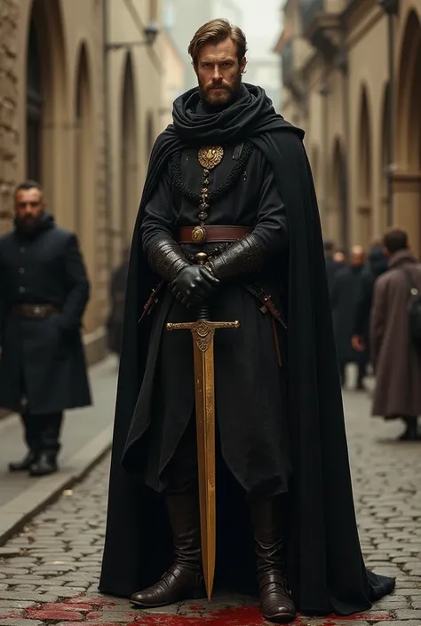 Lorenzaccio . Un homme vêtu de noir avec une cape noire.  Dark eyes . Pale skin .  He's holding a golden dagger .  He's holding a golden dagger .  He's on a medieval street {x} He's on a medieval street. Il y a du sang à ses pieds.