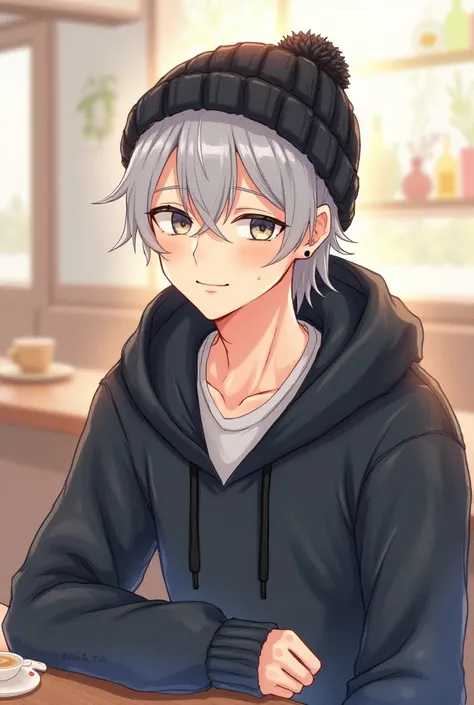 Gray Hair　 black knitted hat　male　20代male　 Hand Drawn Illustration　 black hoodie　 shirt　 pose 　smile　Earrings　Cafe　watercolor　 soft touch 