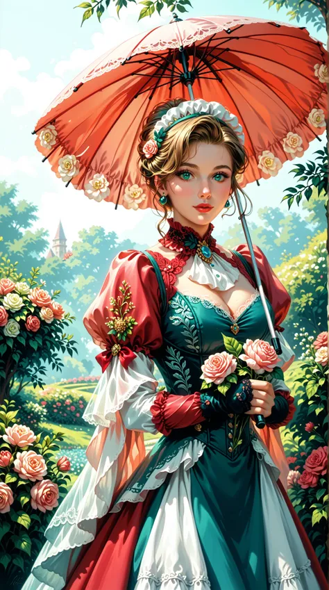  an elegant lady in a gorgeous Victorian outfit in the garden，Handheld Parasol ， Delicate Lace Detail ， Delicate Contour ， Walk elegantly in a lush green ， Vibrant flowers and green leaves ， Soft Tone Palette ， Sunlight shining through the trees ， retro st...