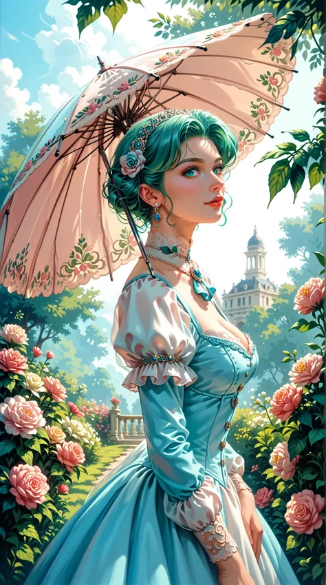  an elegant lady in a gorgeous Victorian outfit in the garden，Handheld Parasol ， Delicate Lace Detail ， Delicate Contour ， Walk elegantly in a lush green ， Vibrant flowers and green leaves ， Soft Tone Palette ， Sunlight shining through the trees ， retro st...