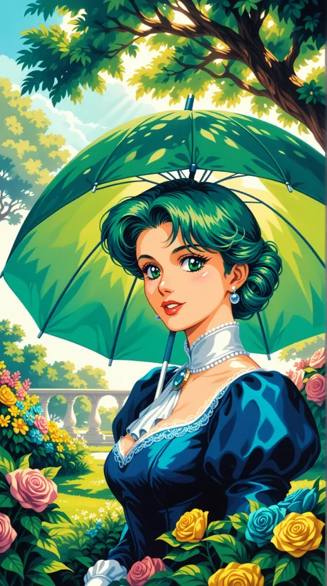  an elegant lady in a gorgeous Victorian outfit in the garden，Handheld Parasol ， Delicate Lace Detail ， Delicate Contour ， Walk elegantly in a lush green ， Vibrant flowers and green leaves ， Soft Tone Palette ， Sunlight shining through the trees ， retro st...