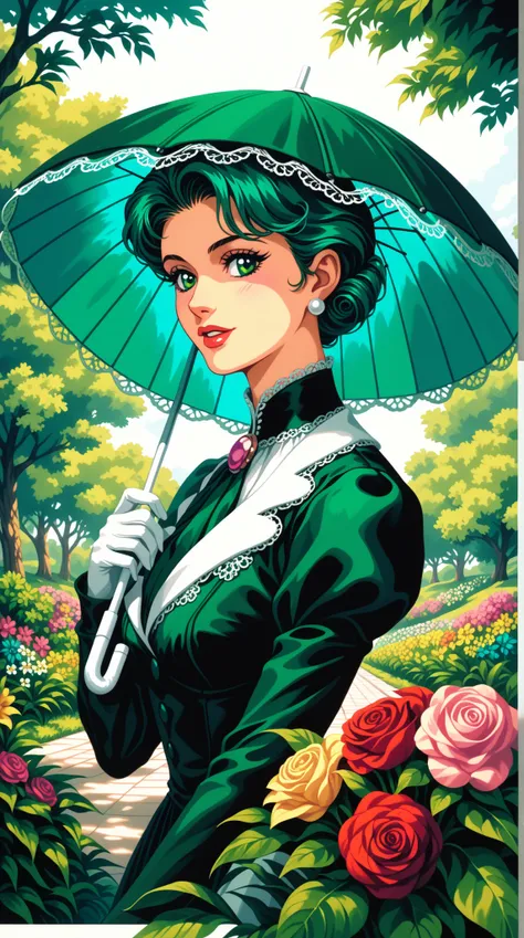  an elegant lady in a gorgeous Victorian outfit in the garden，Handheld Parasol ， Delicate Lace Detail ， Delicate Contour ， Walk elegantly in a lush green ， Vibrant flowers and green leaves ， Soft Tone Palette ， Sunlight shining through the trees ， retro st...