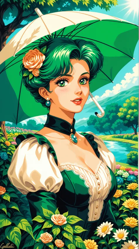  an elegant lady in a gorgeous Victorian outfit in the garden，Handheld Parasol ， Delicate Lace Detail ， Delicate Contour ， Walk elegantly in a lush green ， Vibrant flowers and green leaves ， Soft Tone Palette ， Sunlight shining through the trees ， retro st...