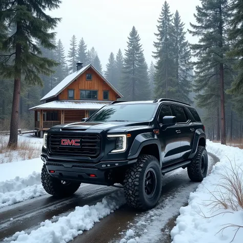 The 2023 GMC Hummer EV stands on the driveway near a hunting lodge in the deep Taiga Forest