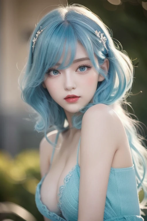   light blue hair with a slender body , Turquoise Eye,  has long eyelashes, Big Red Lips,  apricot eyes,  beauty,  Girly , Curly Hair,  princess
