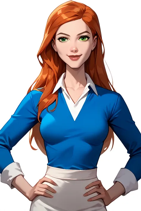 masterpiece,best quality,gwen_af,1girl,solo, red hair, long hair, green eyes, lipstick, blue shirt and white outfit, official outfit,,medium breast,white background,simple background,half body,smile,closed mouth, hands on hips 