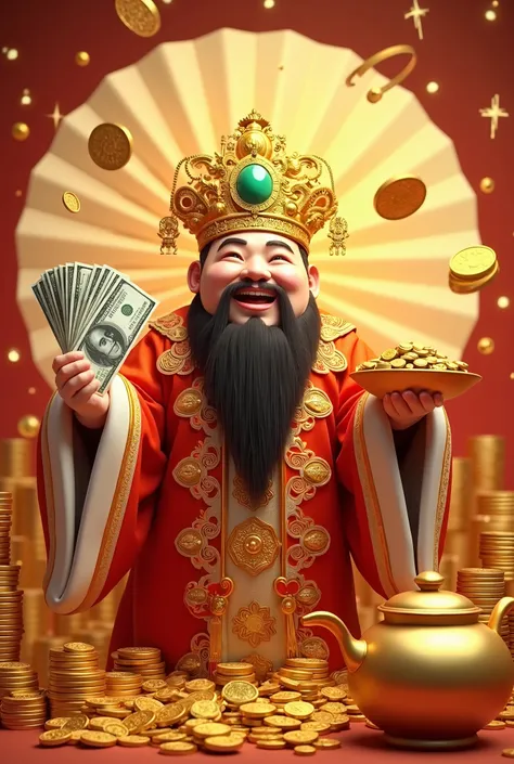 The image shows a figure in traditional Chinese clothing, surrounded by a large amount of gold coins. The image is festive, colorful, and has the meaning of wealth and prosperity. It may be an image of a god of wealth or a similar character.

The main figu...