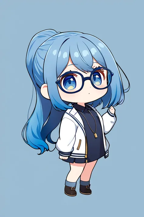  1 girl, solo,  long hair,  high resolution,  ponytail,  high resolution,  simple background, Blue Hair/ light blue hair, chibi-style ,Glasses