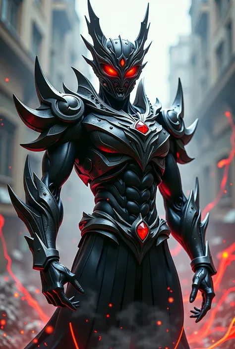 Kamen rider style, fashion of dragon and chaos, black sliver and red eyes 