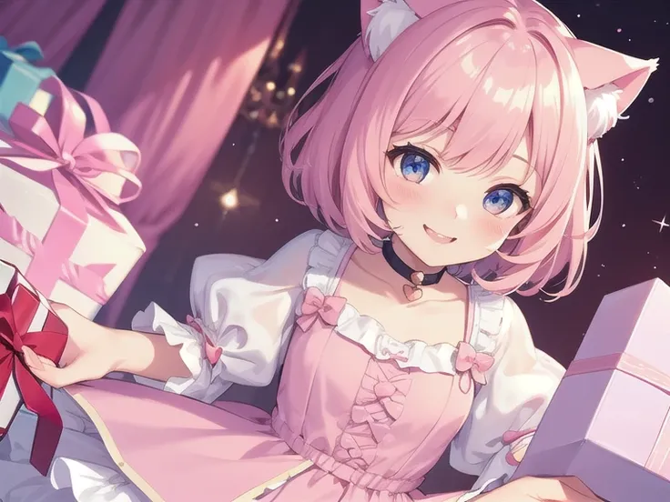 Top quality, high resolution, detailed, beautiful picture quality, one girl, cute pale pink dress with frills, short hair, cat ears, lolicon feeling, smiling face, cute design based on pink, overall sweet and dreamy atmosphere, hearts and gift boxes are dr...