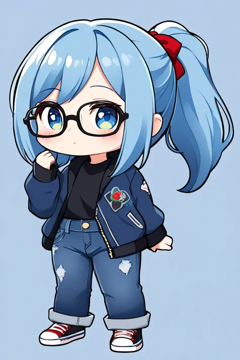  1 girl, solo,  long hair,  high resolution,  ponytail,  high resolution,  simple background, Blue Hair/ light blue hair, chibi-style ,Glasses, jeans