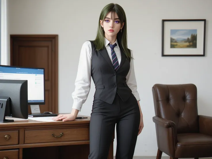  RAW photos ,  top quality,office、desk、 One Beautiful Girl、 standing、I have a device、Green long hair、Purple Eyes、 pretty eyes、 slim、front、 Business Suit 、pants、 tie、 high heels、clear、 smiles