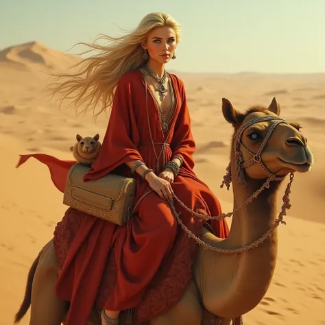 Egyptian sand dunes ,  riding a camel , woman,  long giant blond hair,  slightly wavy,  blue-green eyes ,  Oval face, toys, delicate , ring, bracelet, tattoos, Typical red Egyptian clothes 